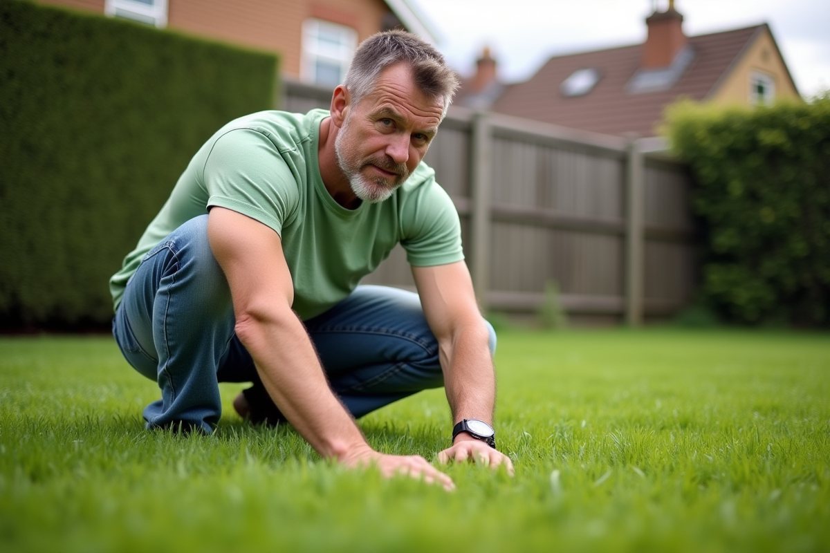 Homme d'âge moyen examine la pelouse dans un jardin privé