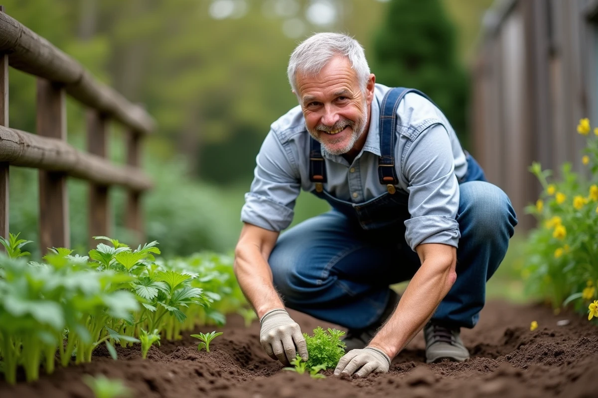 Homme en vêtements de jardinage semant du persil dans le jardin