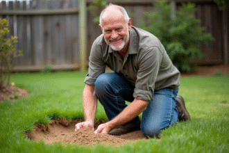 Homme d'âge moyen en tenue de jardinage examine la terre sableuse