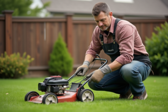 Homme d'âge moyen nettoyant une vieille tondeuse à lames dans le jardin