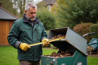 Homme en vêtements de travail mesurant une dechiqueteuse de jardin