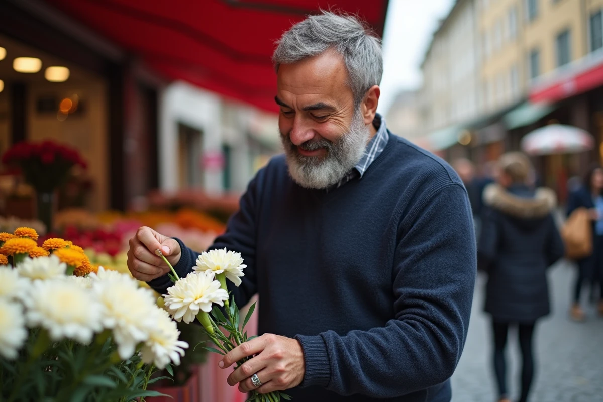 Homme choisissant un œillet blanc au marché aux fleurs, symbolisant la pureté et la personnalité selon le langage floral