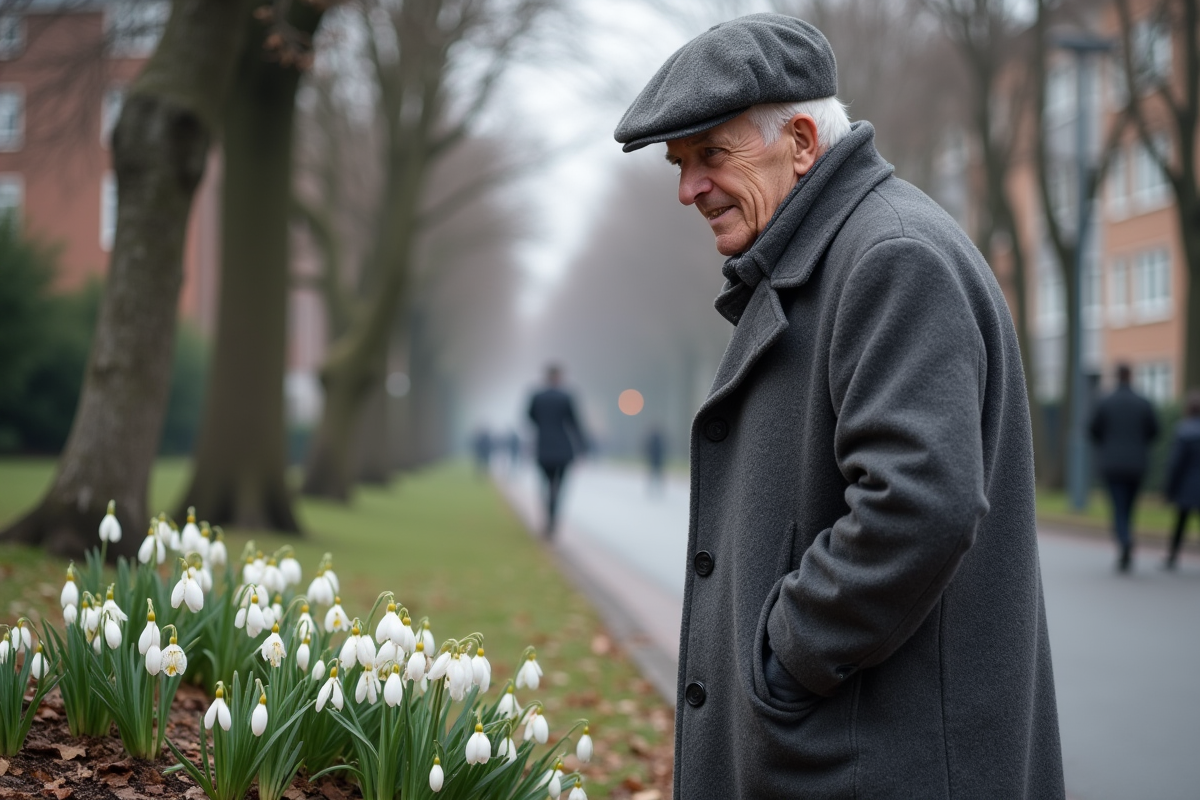 Homme âgé près des fleurs de printemps dans un parc urbain