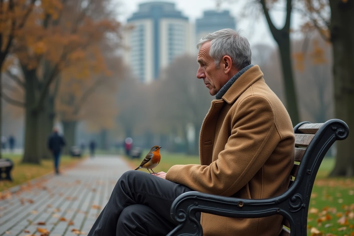 Homme assis sur un banc observant un rouge-gorge en automne