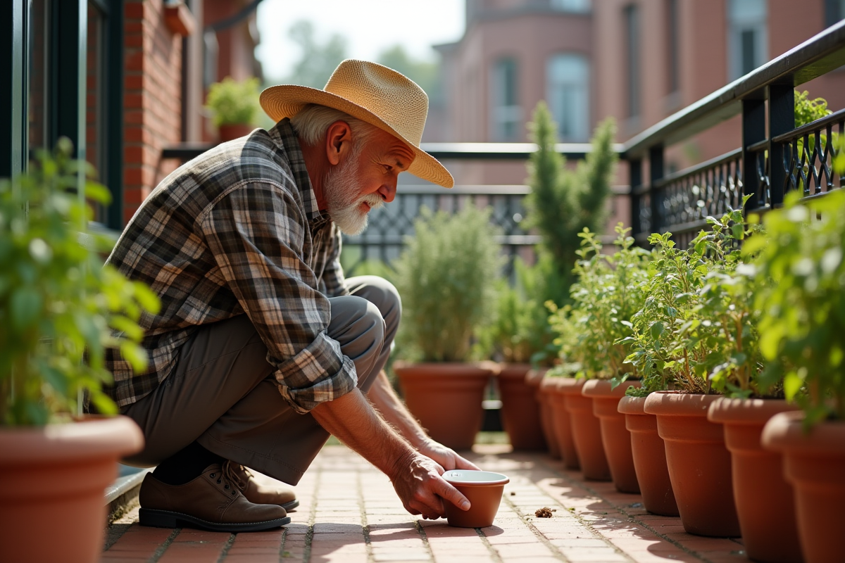 Homme âgé plantant des tomates en pots sur un balcon
