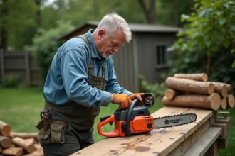 Homme en extérieur remplissant l'huile d'une scie électrique