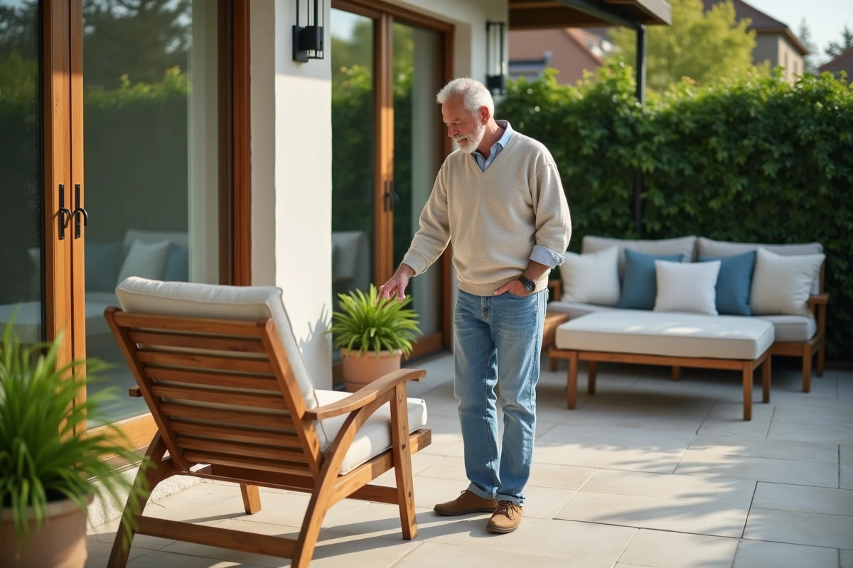 Homme retraité examinant une chaise en bois sur la terrasse