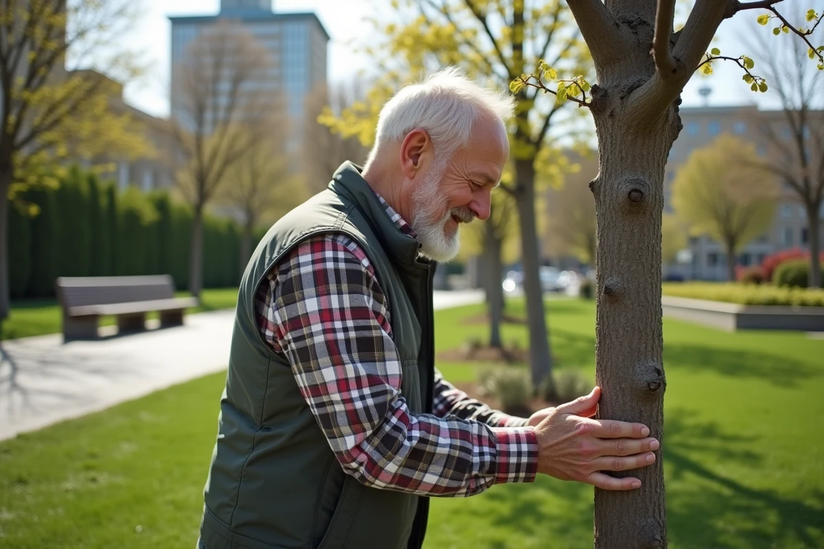 Homme âgé taillant un arbre dans un parc public