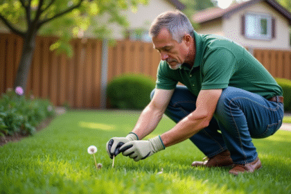 Homme d'âge moyen arrachant une dent-de-lion dans son jardin