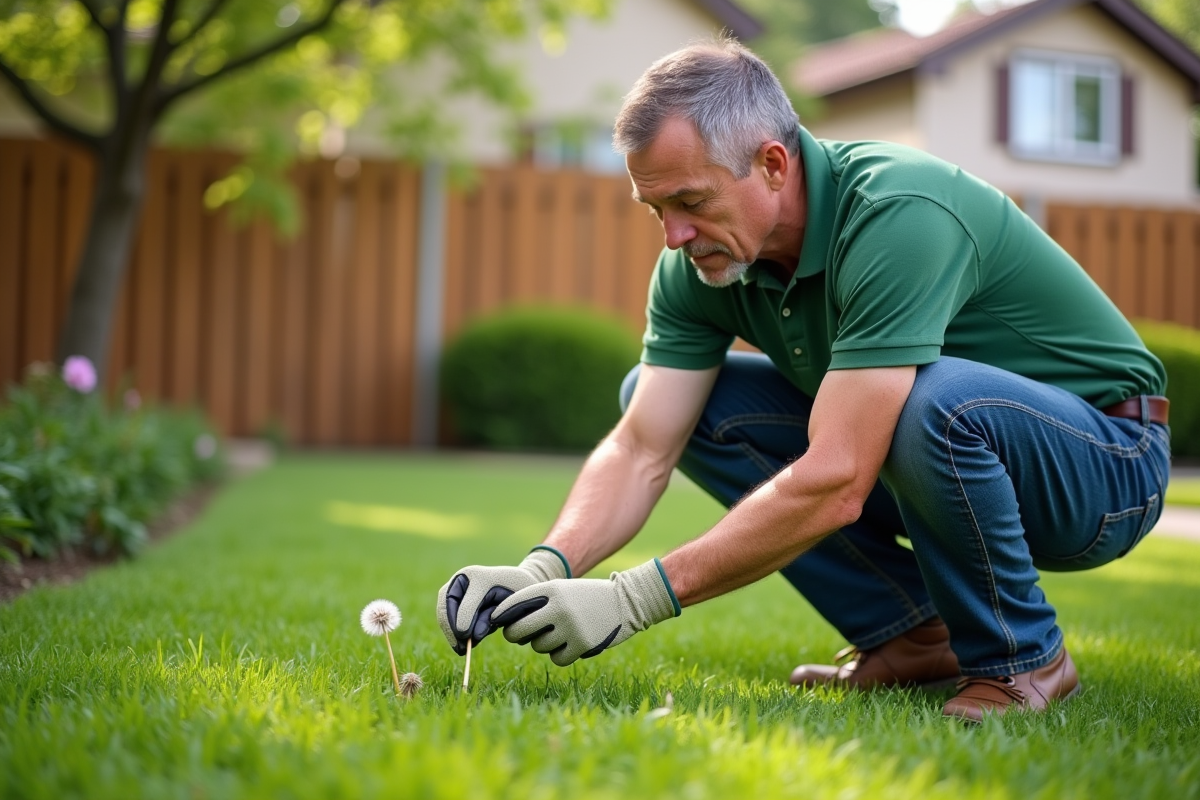 Homme d'âge moyen arrachant une dent-de-lion dans son jardin