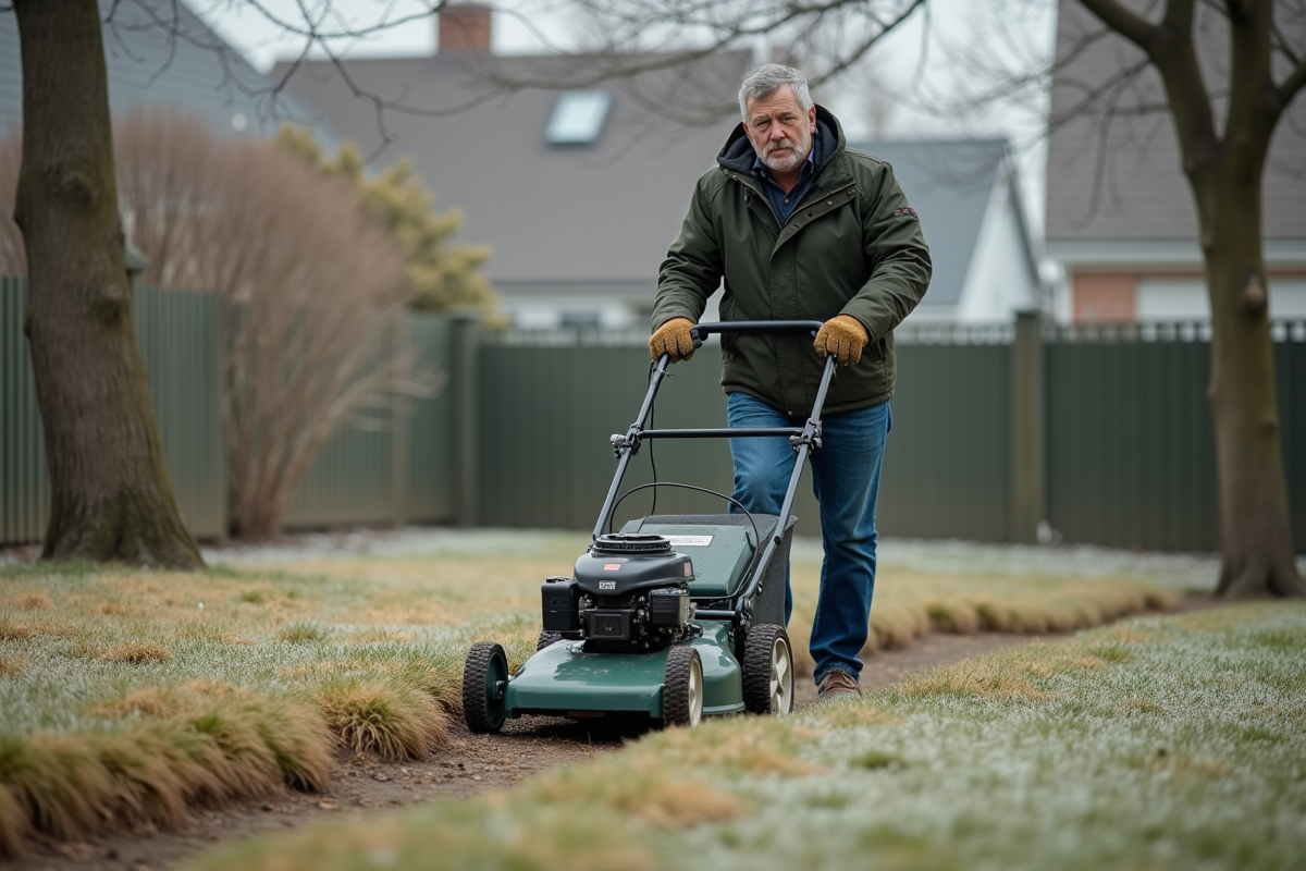 Homme d'âge moyen tondant la pelouse un matin d'hiver