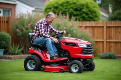 Homme d'âge moyen ajustant la tondeuse rouge dans le jardin
