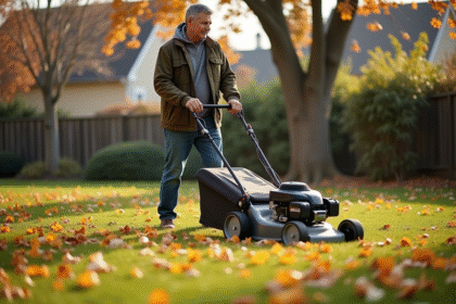 Homme d'âge moyen tondant la pelouse en automne dans un jardin