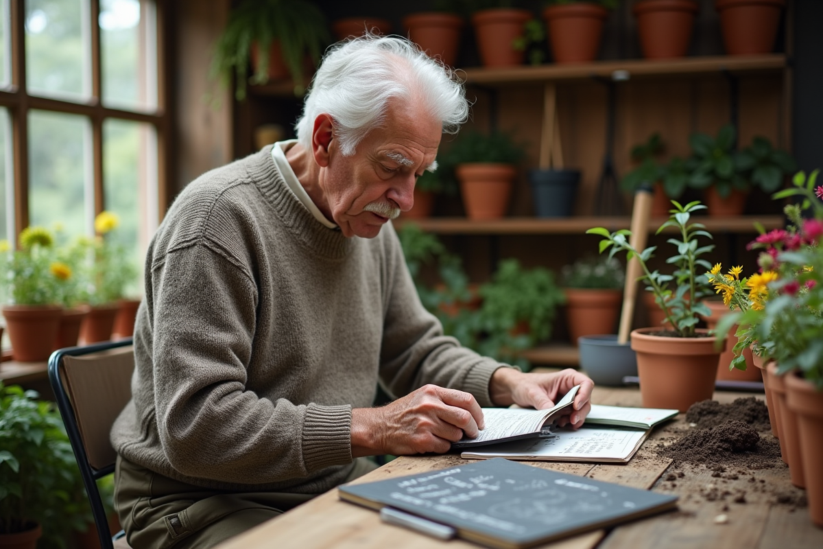 Homme âgé examinant des sachets de graines dans un atelier intérieur