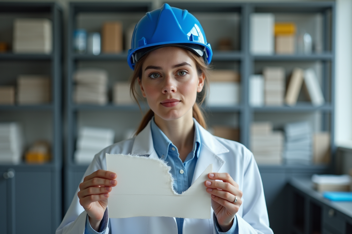 Jeune ingénieure en laboratoire montrant un échantillon déchiré