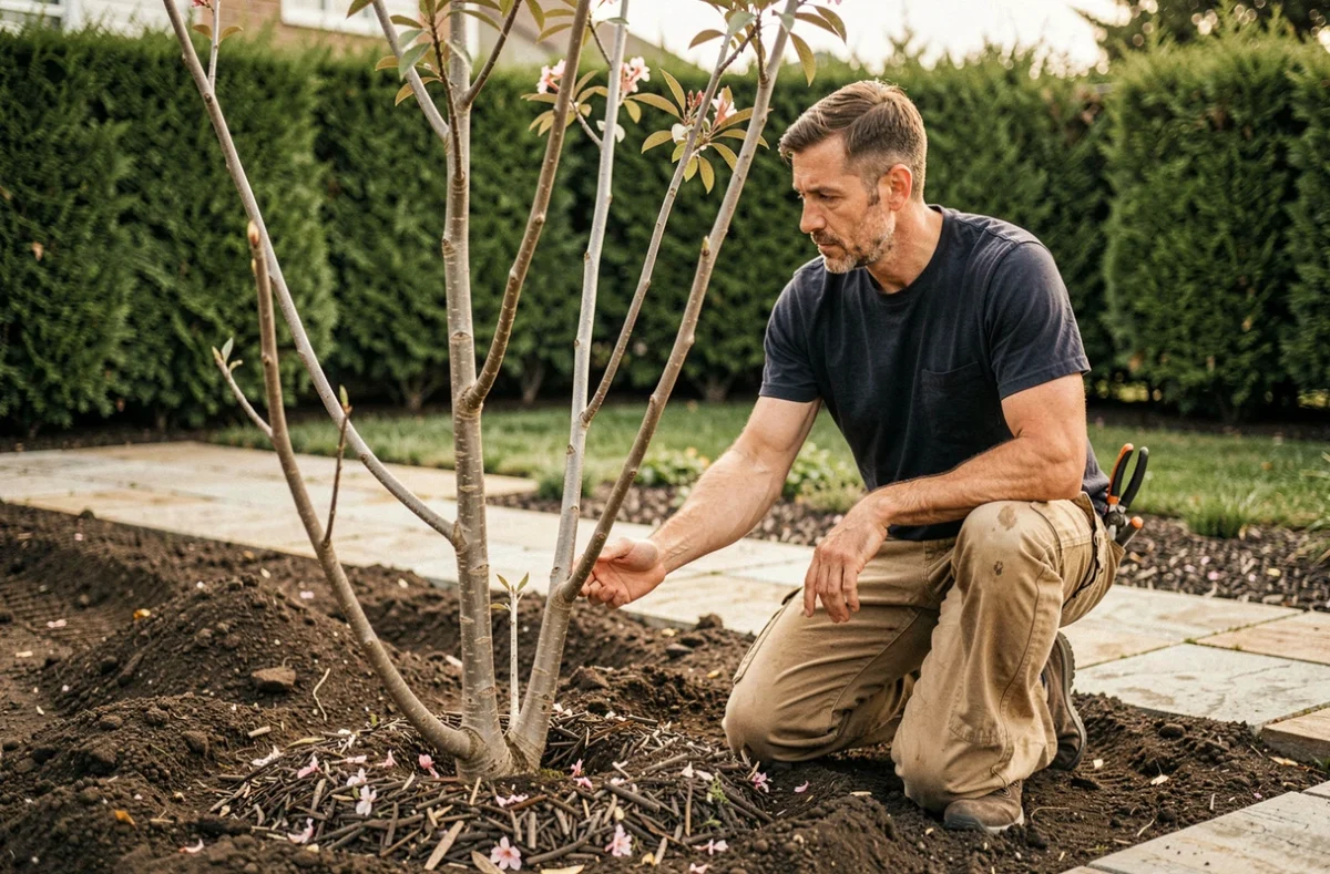 Homme jardinier inspectant la structure d'un jeune lilas des Indes fraîchement planté en pleine terre avant taille de formation