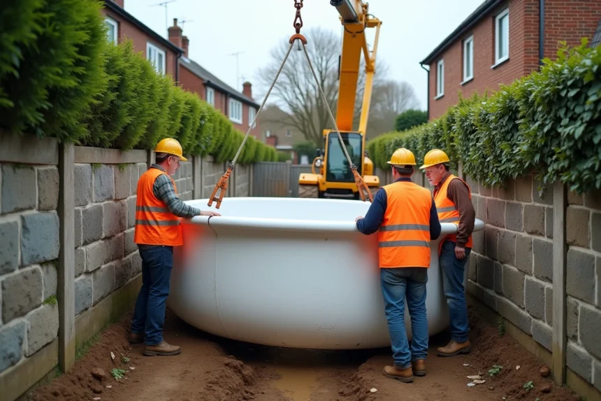 Pose d'une piscine coque en fibre de verre par une grue dans une allée étroite avec accès chantier difficile
