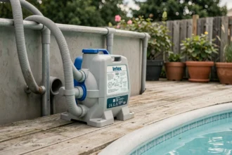 Installation complète d'une pompe de filtration Intex à sable connectée à une piscine hors-sol ronde dans un jardin résidentiel
