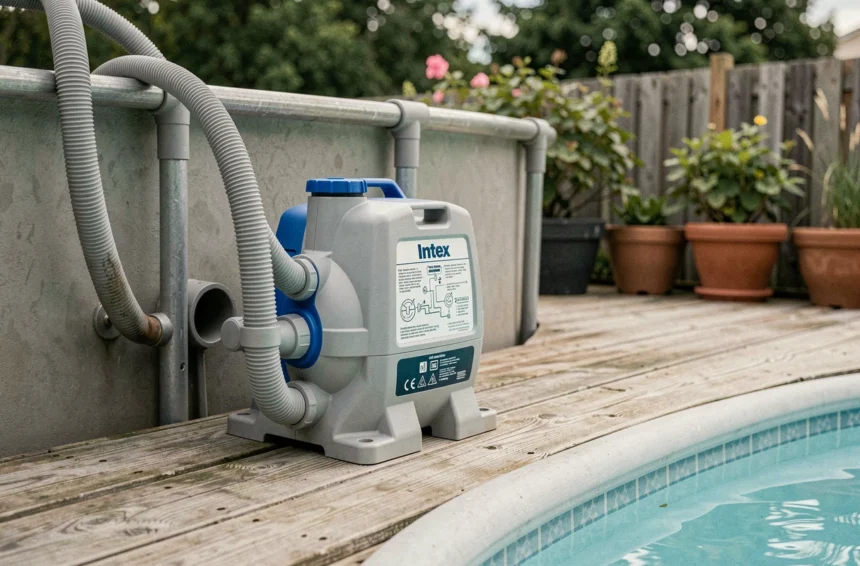 Installation complète d'une pompe de filtration Intex à sable connectée à une piscine hors-sol ronde dans un jardin résidentiel
