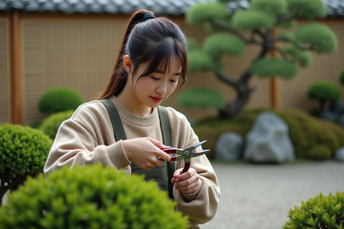 Jeune femme japonaise utilisant des secateurs dans un jardin
