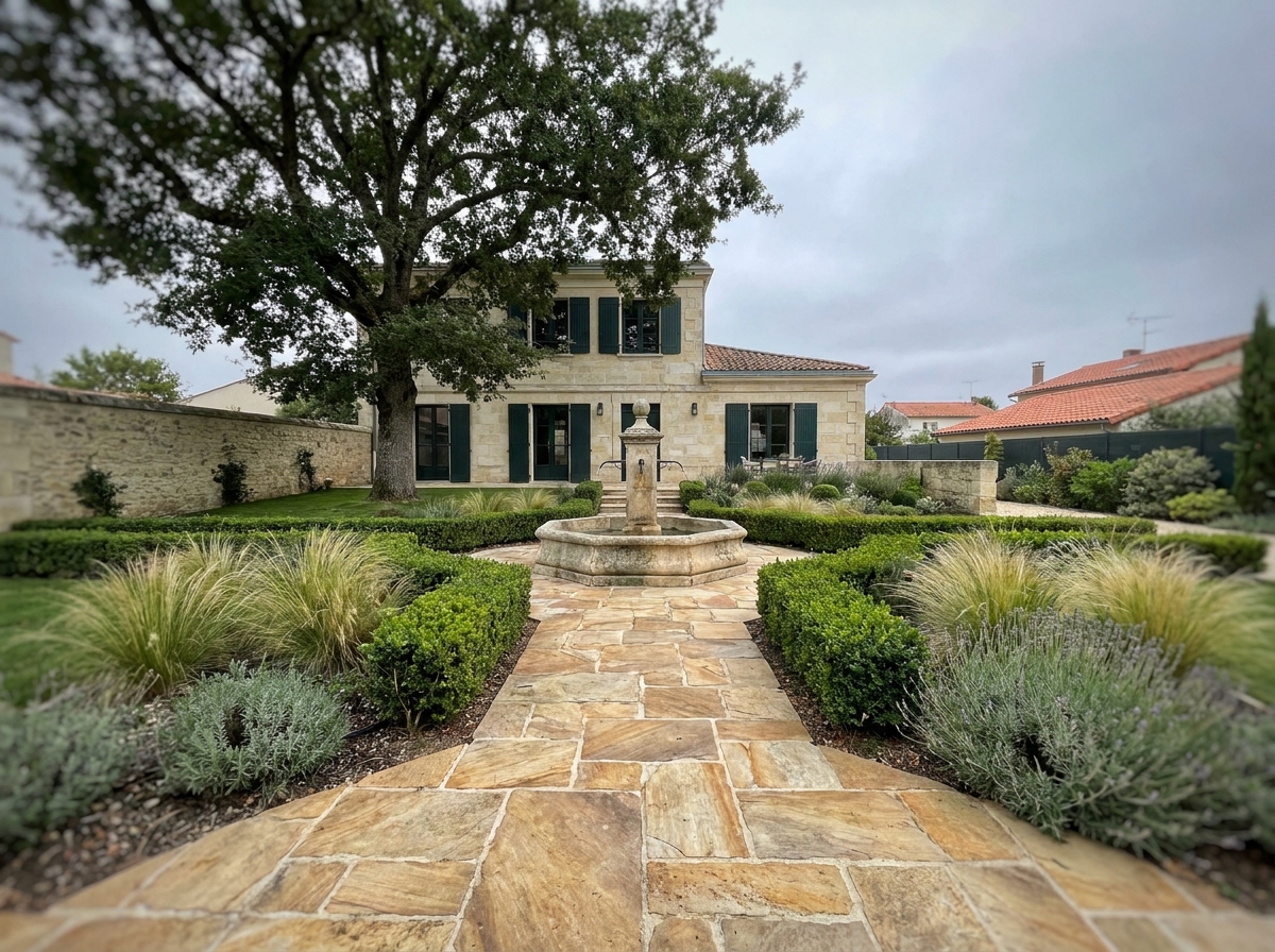 Jardin extérieur entièrement repensé devant une maison en pierre bordelaise avec allée en pierre naturelle et fontaine