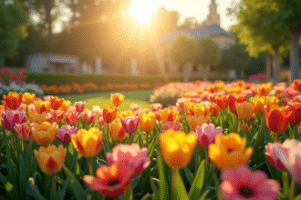 Jardin en forme de L avec fleurs colorées en plein soleil