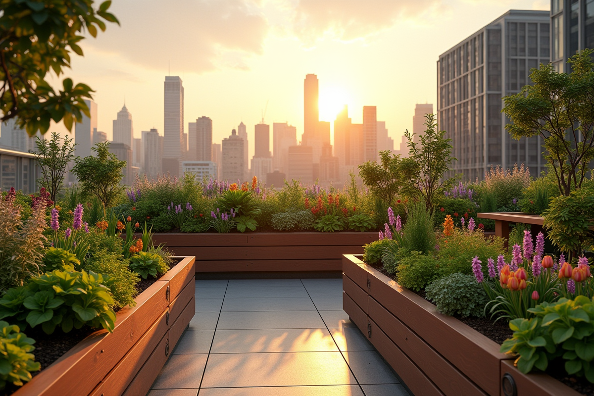 Jardin urbain sur un toit avec plantes et skyline