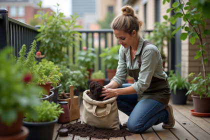 Femme jardinant sur un balcon urbain avec sac de terre