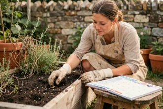 Jardinière consultant un calendrier lunaire 2026 pour planter des graines au printemps dans un potager en bois