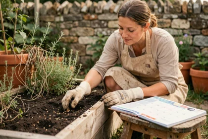 Jardinière consultant un calendrier lunaire 2026 pour planter des graines au printemps dans un potager en bois