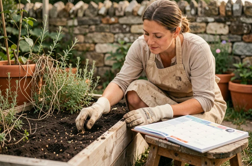 Jardinière consultant un calendrier lunaire 2026 pour planter des graines au printemps dans un potager en bois