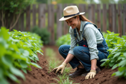 Femme en overalls plantant des haricots dans un jardin verdoyant