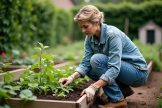Femme en jardinage inspectant les pousses de haricots verts
