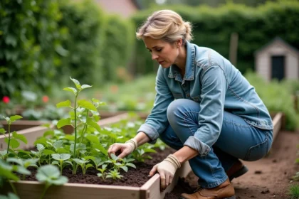 Femme en jardinage inspectant les pousses de haricots verts