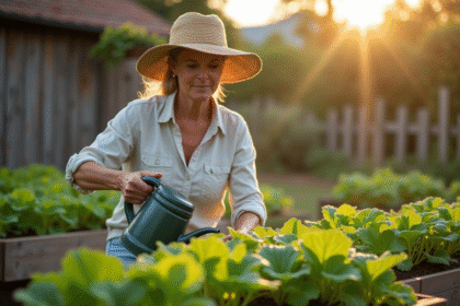 Femme en chapeau de paille arrosant un jardin verdoyant au matin