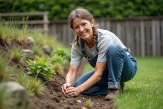 Femme moyenne âge en jardinage plante des couvre-sols