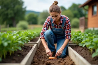 Femme en salopette dans son jardin de légumes