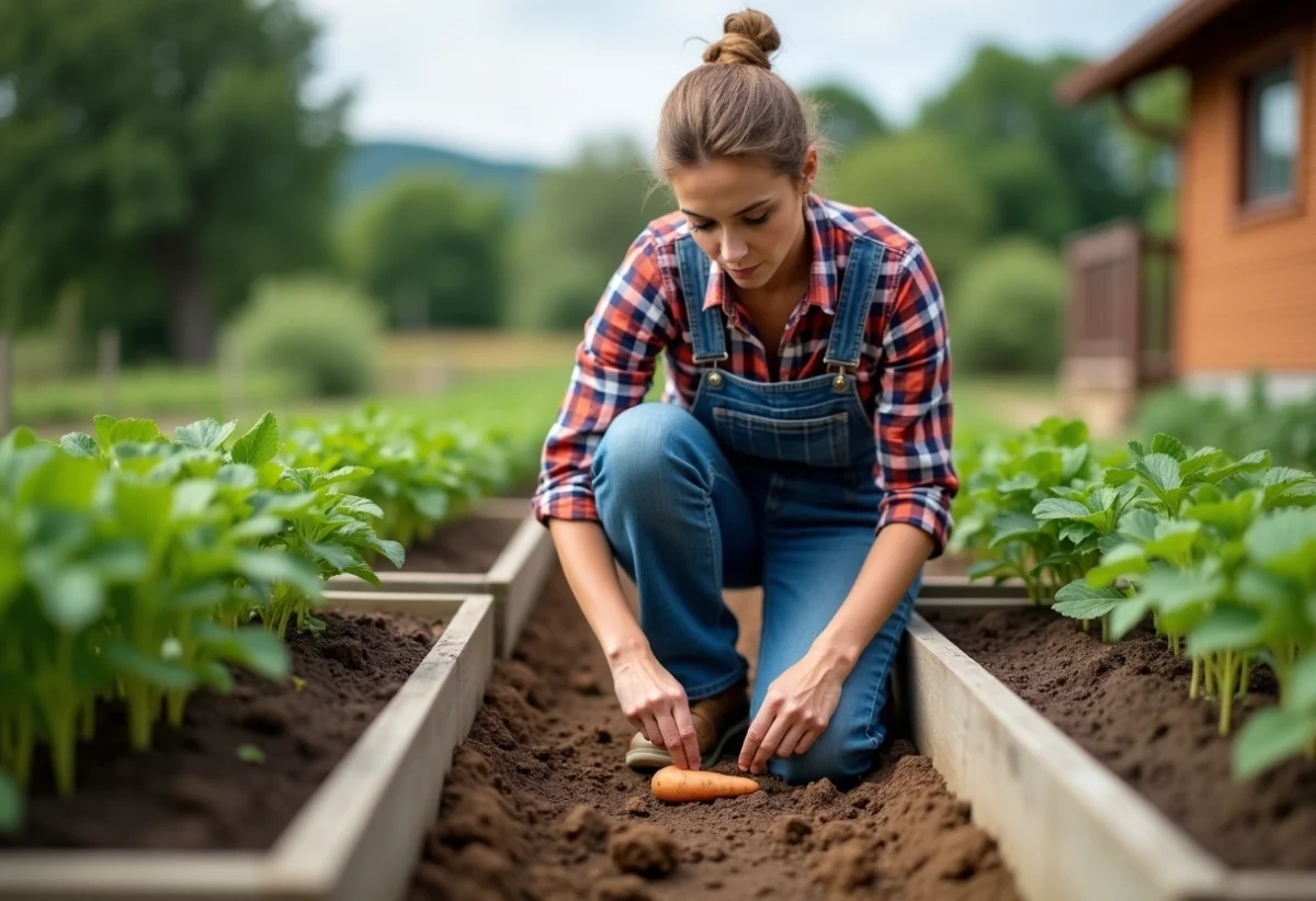 Femme en salopette dans son jardin de légumes