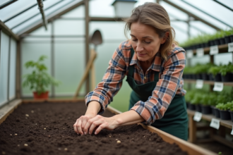 Femme en jardin pratique pressant des graines dans le sol