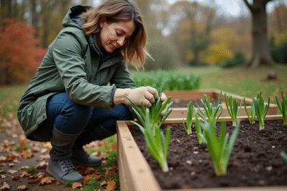Femme plantant des jeunes légumes dans un jardin automnal