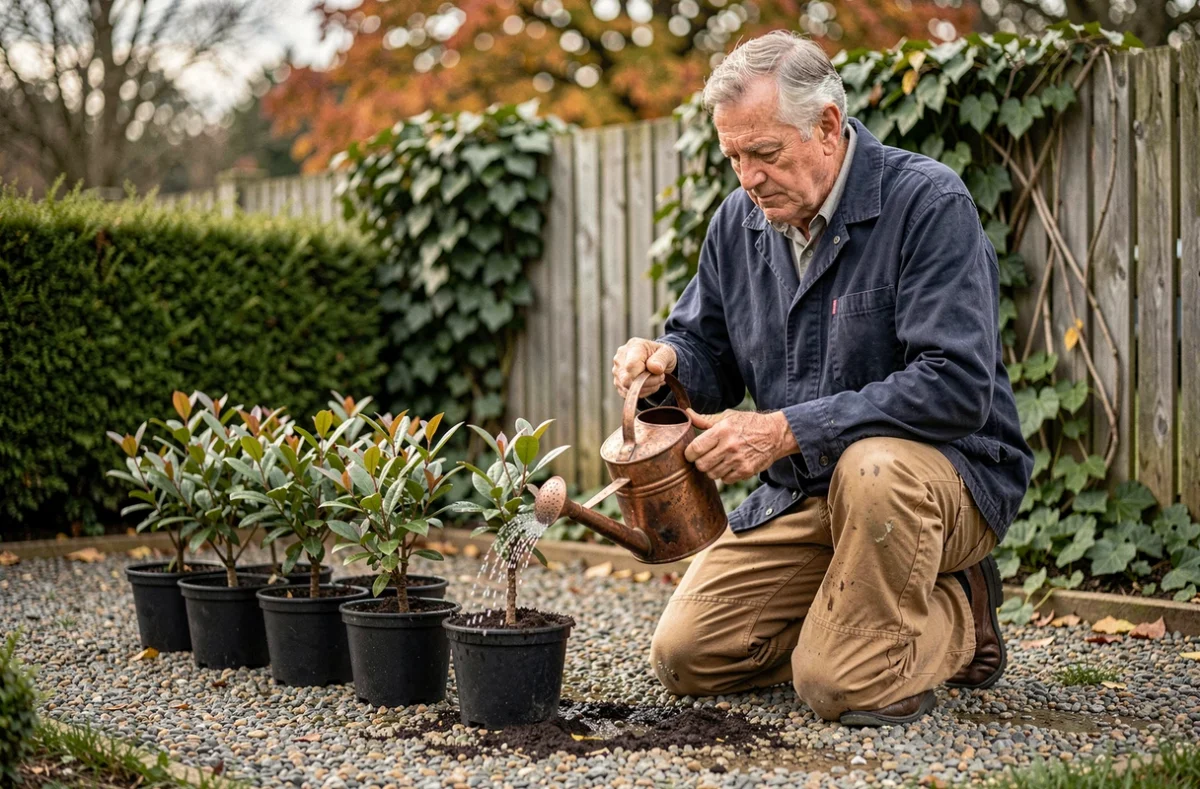 Jardinier âgé arrosant des boutures de photinia en pot sur un chemin de gravier dans un jardin naturel
