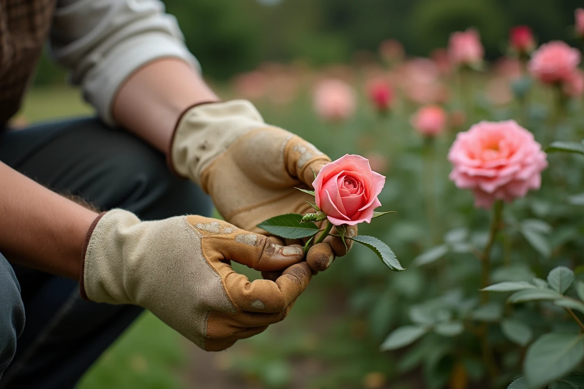 Jardinier tenant une branche de rosier avec une chenille verte, gros plan sur les mains gantées dans un jardin de roses