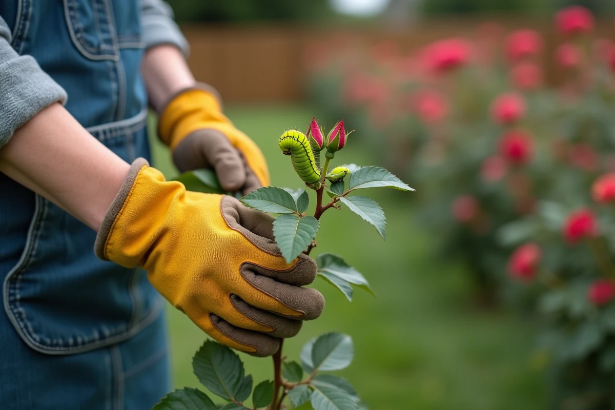 Main gantée de jardinier tenant une branche de rosier avec des chenilles vertes fluo dessus
