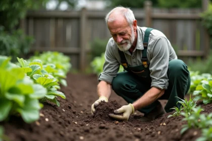 Homme en vêtements de travail examine compost dans son jardin