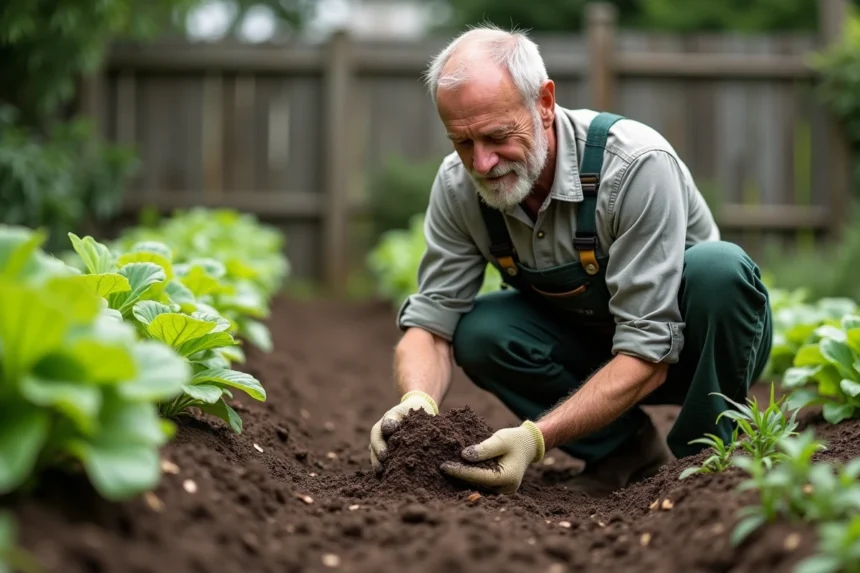 Homme en vêtements de travail examine compost dans son jardin
