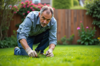 Homme d'âge moyen en tenue de jardinage arrosant les mauvaises herbes