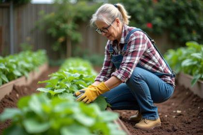 Femme jardinant inspectant des haricots verts dans un jardin