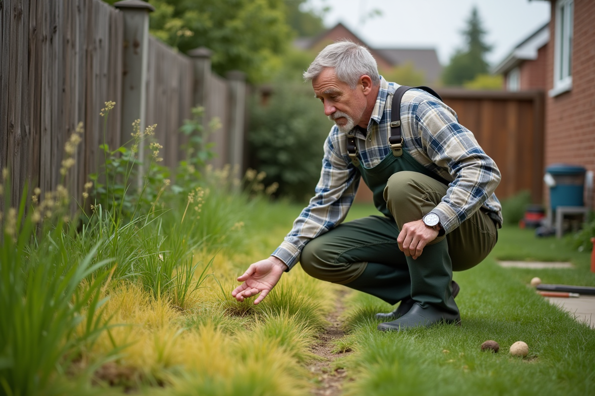 Homme en vêtements casual examine une pelouse négligée