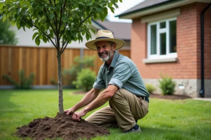 Jardinier mature en plein travail près d'un arbre mulberry