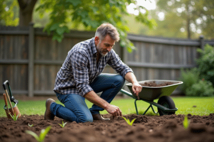 Homme d'âge moyen en jeans et chemise à carreaux en train de semer des graines dans un jardin